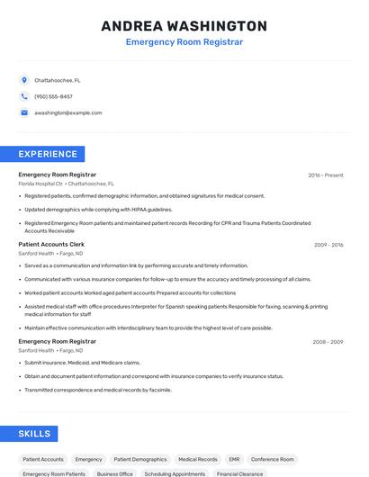 Emergency Room Registrar Resume