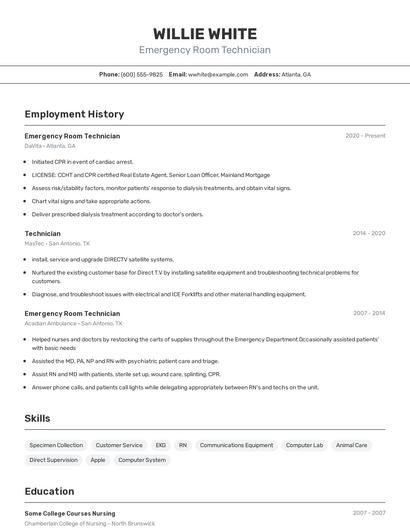 Emergency Room Technician Resume