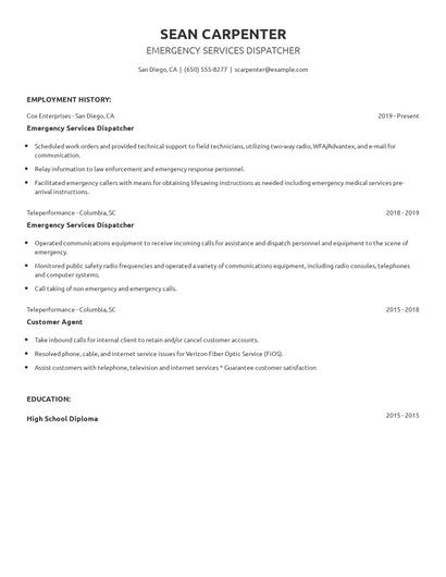 Emergency Services Dispatcher Resume