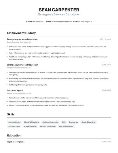 Emergency Services Dispatcher Resume