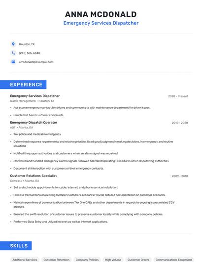 Emergency Services Dispatcher Resume