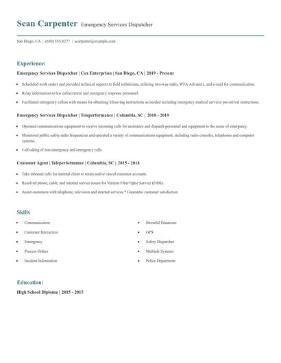 Emergency Services Dispatcher Resume