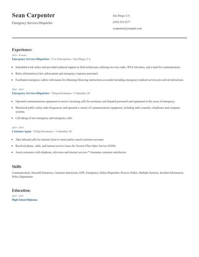 Emergency Services Dispatcher Resume