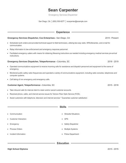 Emergency Services Dispatcher Resume