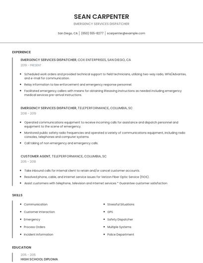 Emergency Services Dispatcher Resume
