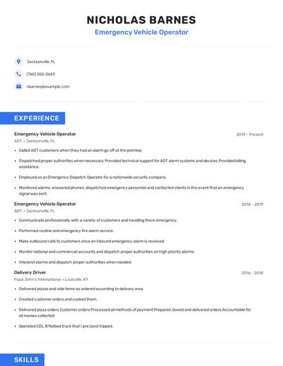 Emergency Vehicle Operator Resume