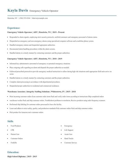 Emergency Vehicle Operator Resume