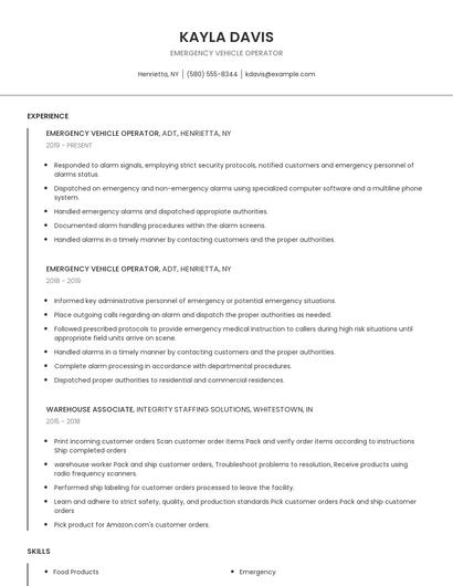 Emergency Vehicle Operator Resume