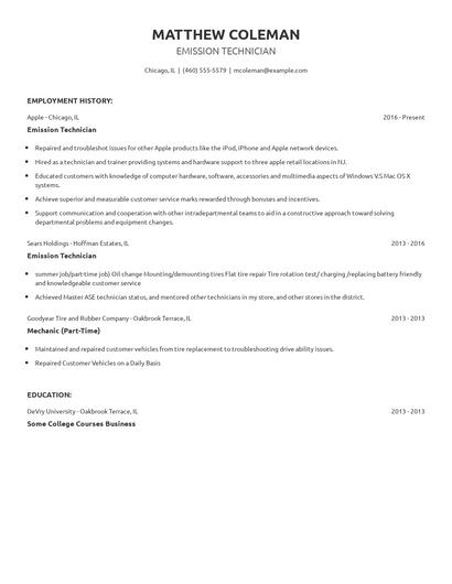 Emission Technician Resume