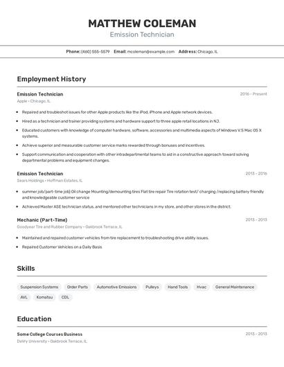 Emission Technician Resume