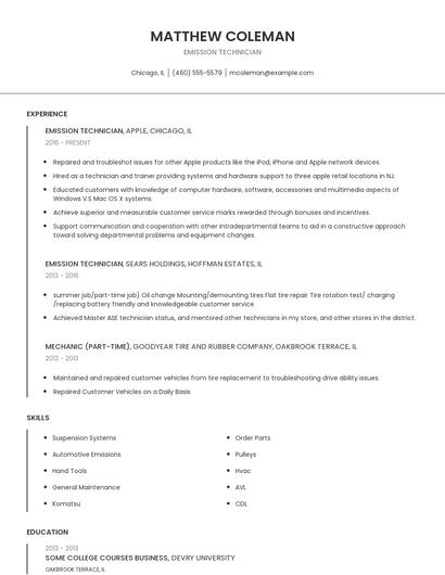 Emission Technician Resume