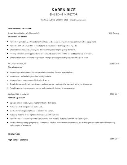 Emissions Inspector Resume