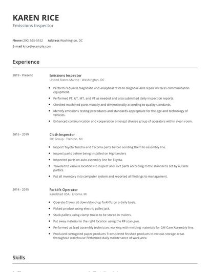 Emissions Inspector Resume