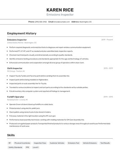 Emissions Inspector Resume