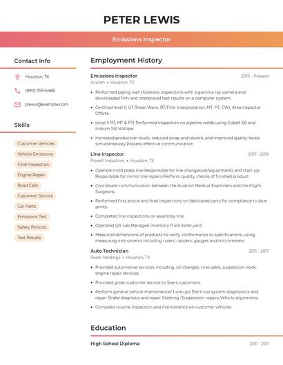 Emissions Inspector Resume