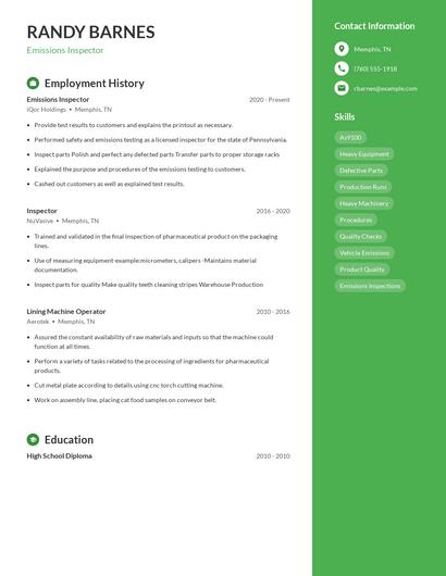 Emissions Inspector Resume