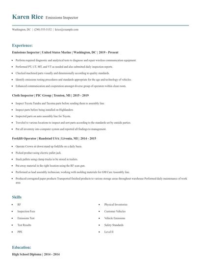 Emissions Inspector Resume