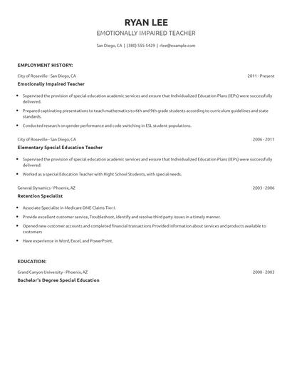 Emotionally Impaired Teacher Resume