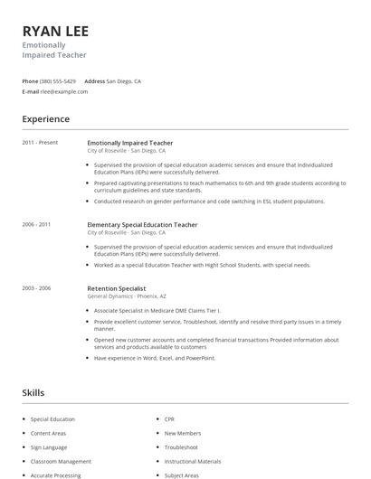 Emotionally Impaired Teacher Resume