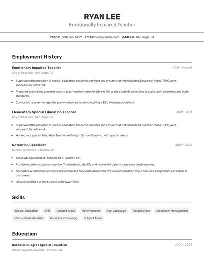 Emotionally Impaired Teacher Resume