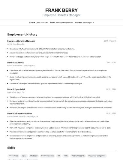 Employee Benefits Manager Resume