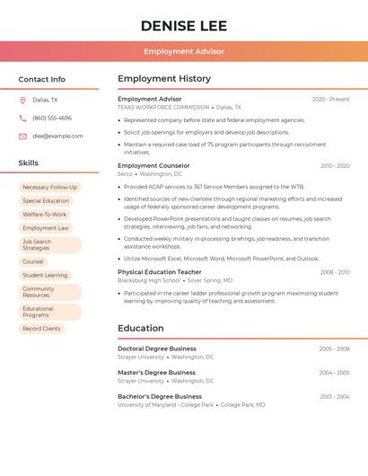 Employment Advisor Resume