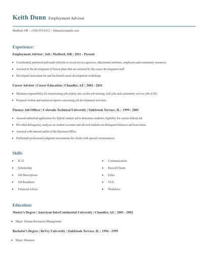 Employment Advisor Resume