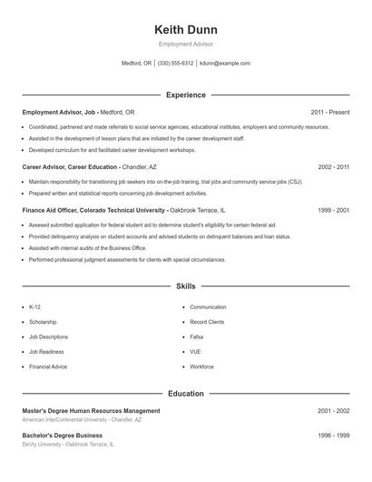Employment Advisor Resume