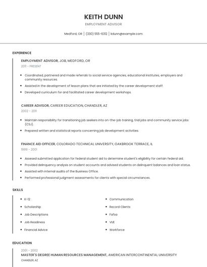 Employment Advisor Resume