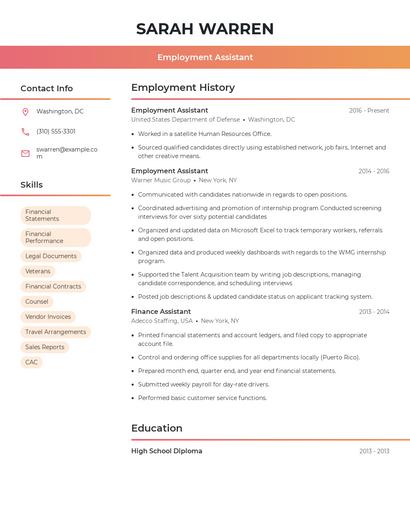 Employment Assistant Resume