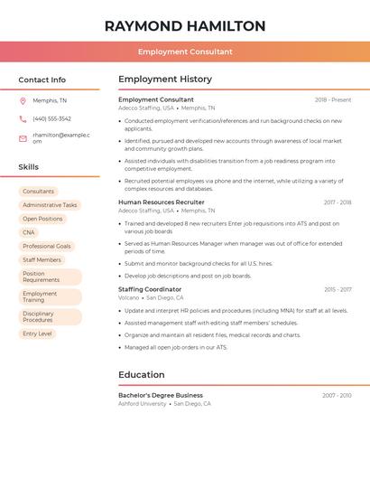 Employment Consultant Resume
