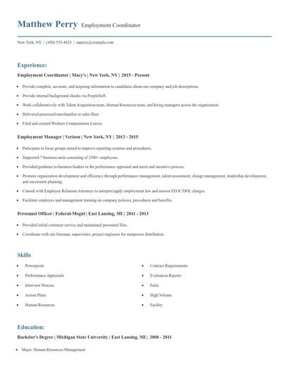 Employment Coordinator Resume