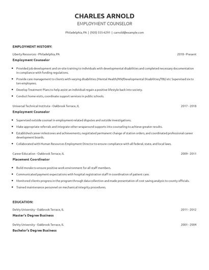 Employment Counselor Resume