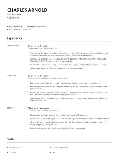 Employment Counselor Resume