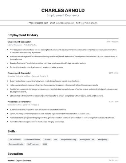 Employment Counselor Resume