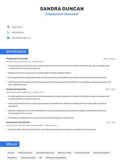 Employment Counselor Resume