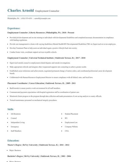 Employment Counselor Resume