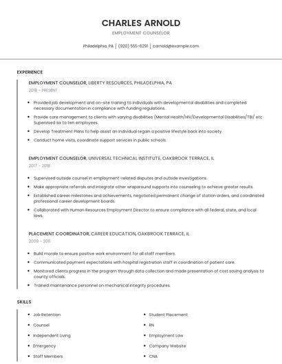 Employment Counselor Resume