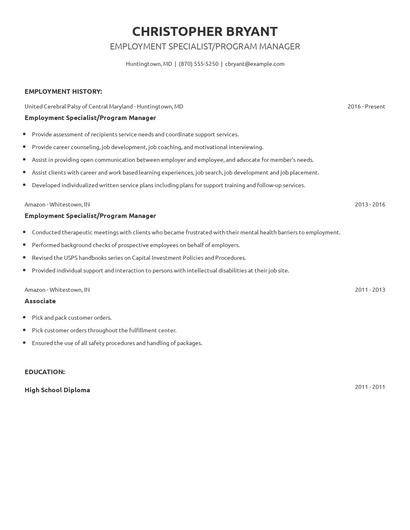 Employment Specialist/Program Manager Resume