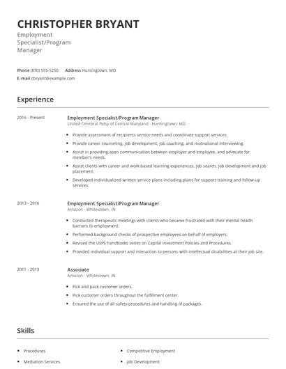 Employment Specialist/Program Manager Resume