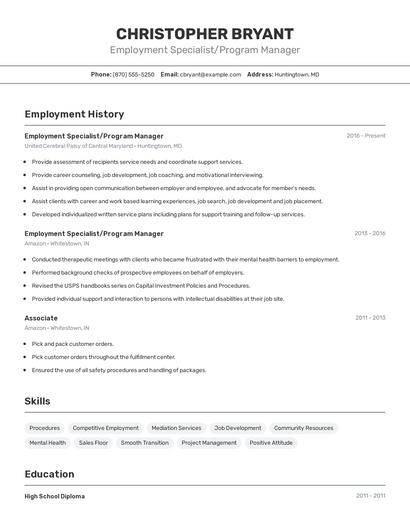 Employment Specialist/Program Manager Resume