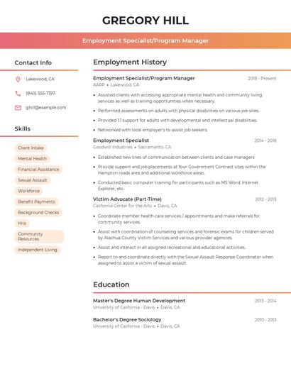 Employment Specialist/Program Manager Resume