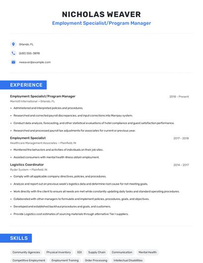 Employment Specialist/Program Manager Resume