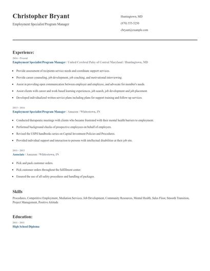 Employment Specialist/Program Manager Resume