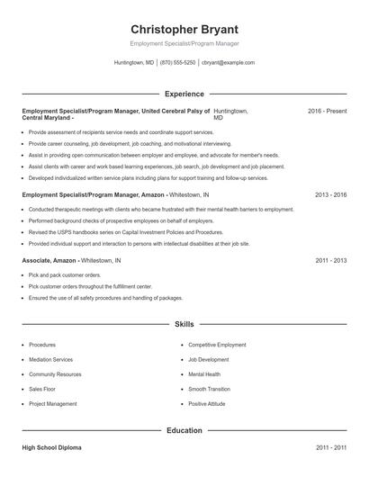 Employment Specialist/Program Manager Resume