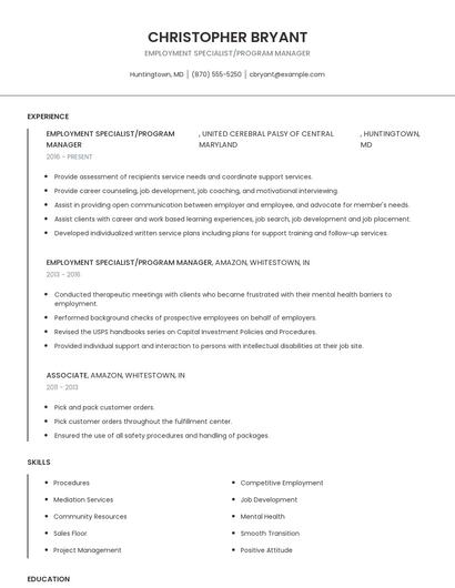 Employment Specialist/Program Manager Resume