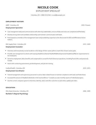 Employment Specialist Resume