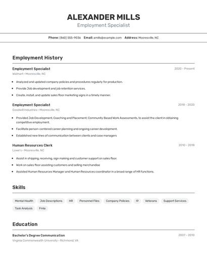 Employment Specialist Resume