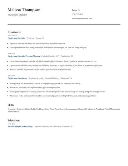 Employment Specialist Resume