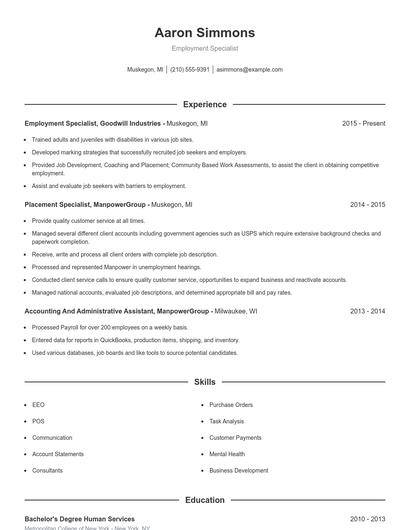 Employment Specialist Resume